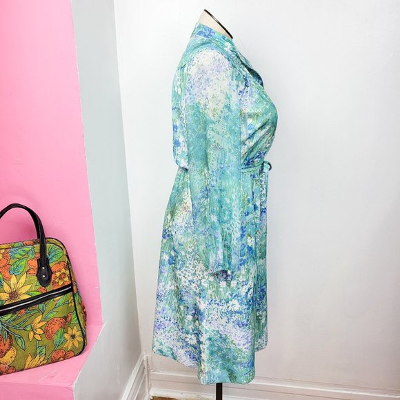 Vintage 70s Blue / Green Watercolor Floral Print Sheer Sleeve Dress - Picture 2 of 12